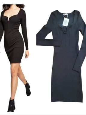 Gianni Bini Black Long Sleeve Notched Neck Ribbed Sweater Dress